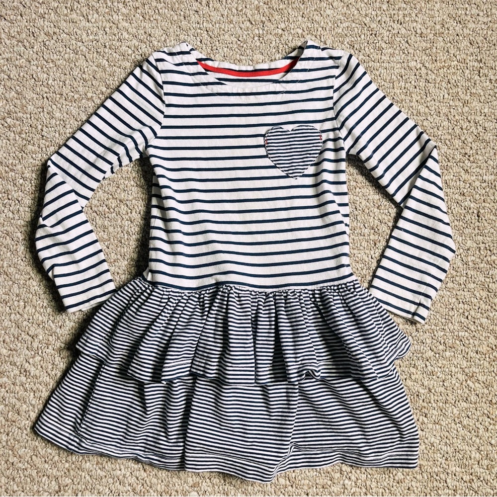Mini Boden Girl's Heart Pocket Blue White Stripe Drop Waist Ruffle Dress